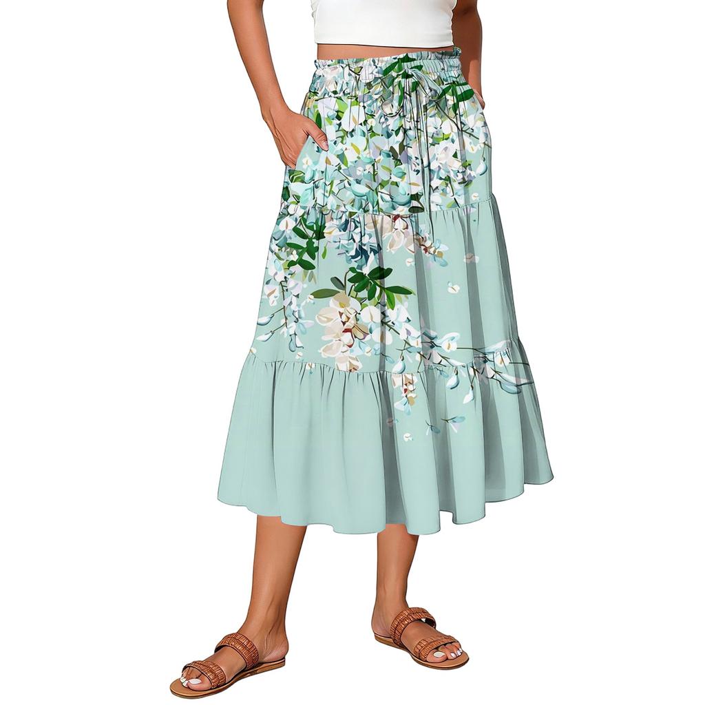 Womens Maxi Skirt Drawstring High Waisted Summer Long Skirts Lightweight Tiered Flowy Floral Pleated Skirts