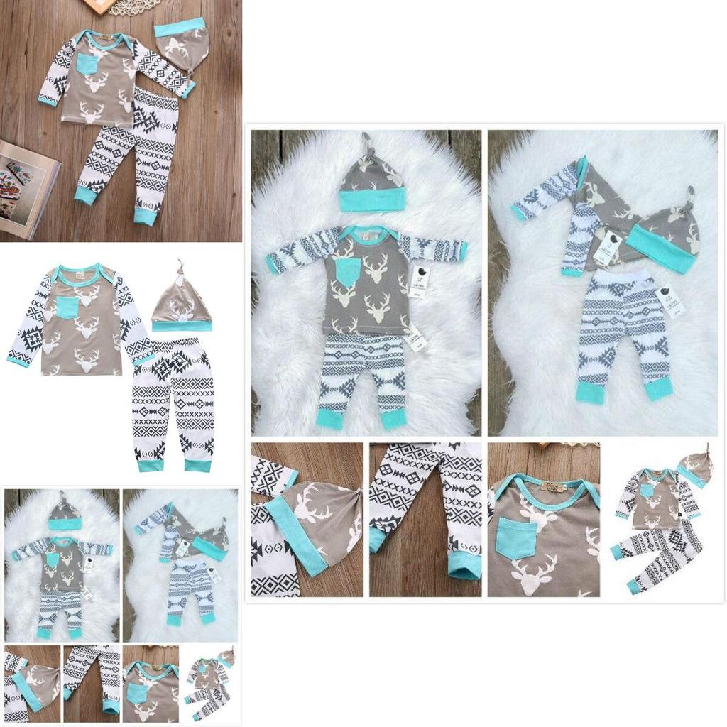 Adorabile Set di 3 Pezzi per Neonato e Bambino Maschio Cervo T-shirt Pantaloni Cappello