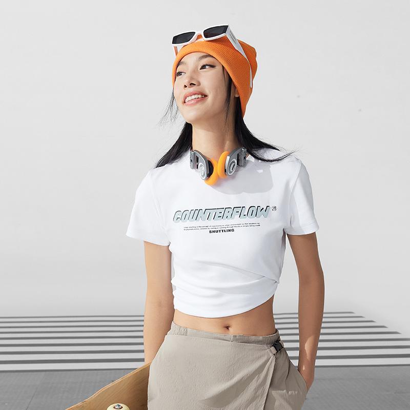 Li Ning CF Letter Print Pullover Round Neck Short Sleeve T-Shirt Women T-Shirts Standard-White ATSU614-1