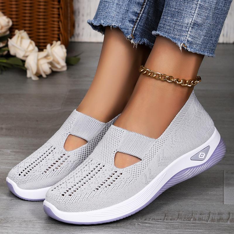 Women's Comfortable Breathable Knitted Sneakers Walking Soft Cut-Out Shoes for Women Office Work Platform Flats Slip On Tennis Shoes Casual Loafers