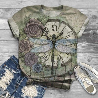 Damski Letni T-shirt Trend Nadruk Ważki Retro Moda Krótki Rękaw Koszulki Casual Nadrukowane Top