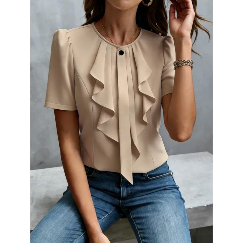 Dámská bílá halenka s volánkovým lemem, krátkým rukávem, kulatým výstřihem, elegantní, do práce, do kanceláře, ležérní top s knoflíkovým detailem