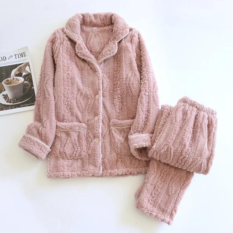 Autumn/Winter Updated Couple Sleepwear Kit Flannel Thickened Long Sleeve Pants for Men and Women Coral Fur Home Fur