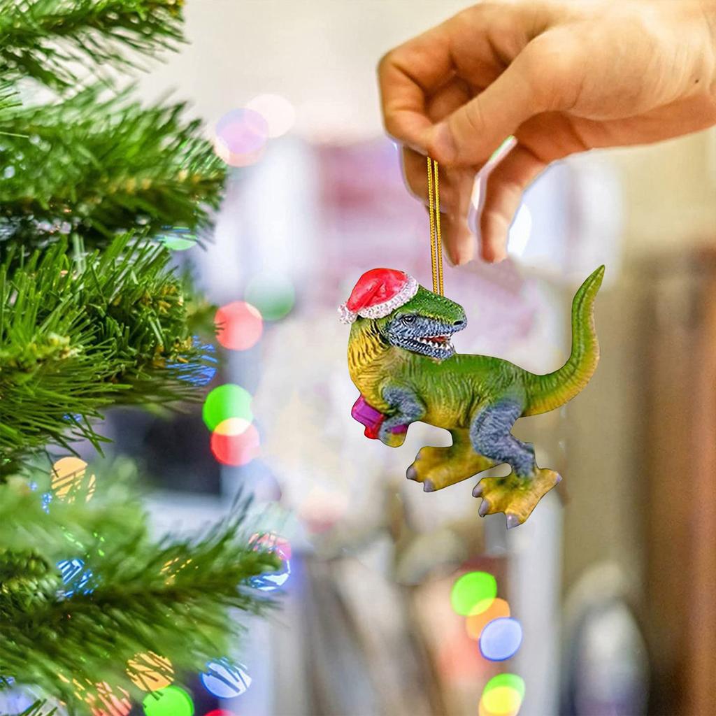 Christmas Tree Decorations Cute Dinosaur In Christmas Hat Figurine Decors Hanging Acrylic Pendant Ornaments Crafts Gift