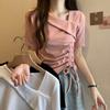 Irregular One-Shoulder Drawstring Short-Sleeve T-shirt for Women – New Sweet Chic Summer Arrival, Unique Versatile Top with Internet Celebrity Style.