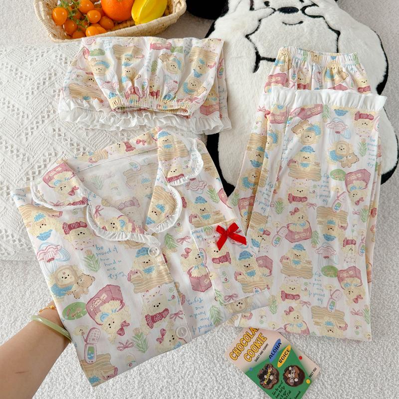 

Милый мультяшный щенок милый имитация хлопка кант женская летняя пижама с коротким рукавом из трех предметов можно носить на улице M [Recommended 80-50 kg]