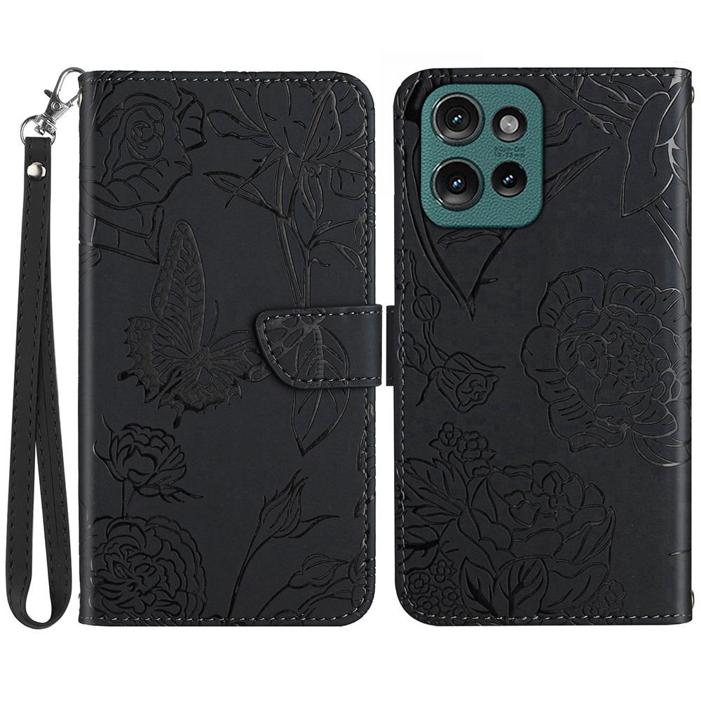 

HT03 For Motorola Moto G75 5G Case Butterfly Flower Imprint Leather Phone Cover with Strap A