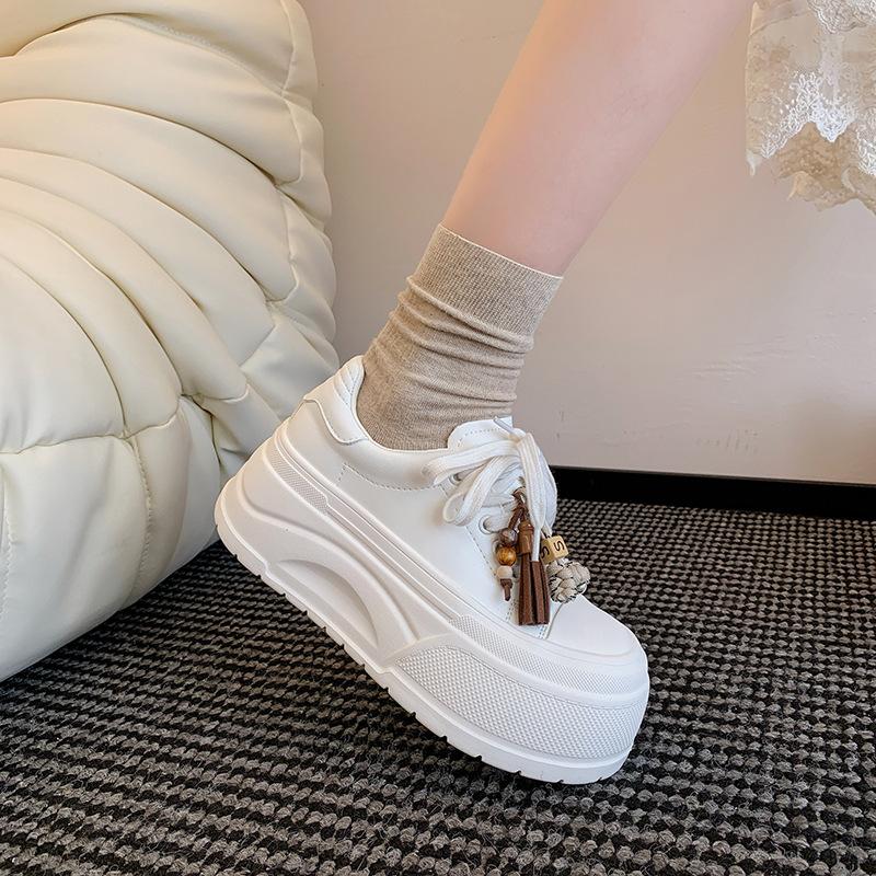 Little White Shoes Women's 2025 Autumn New Inner Height Increase Small Thick-soled Muffin Shoes Versatile Lace-up Flat-soled Casual Board Shoes