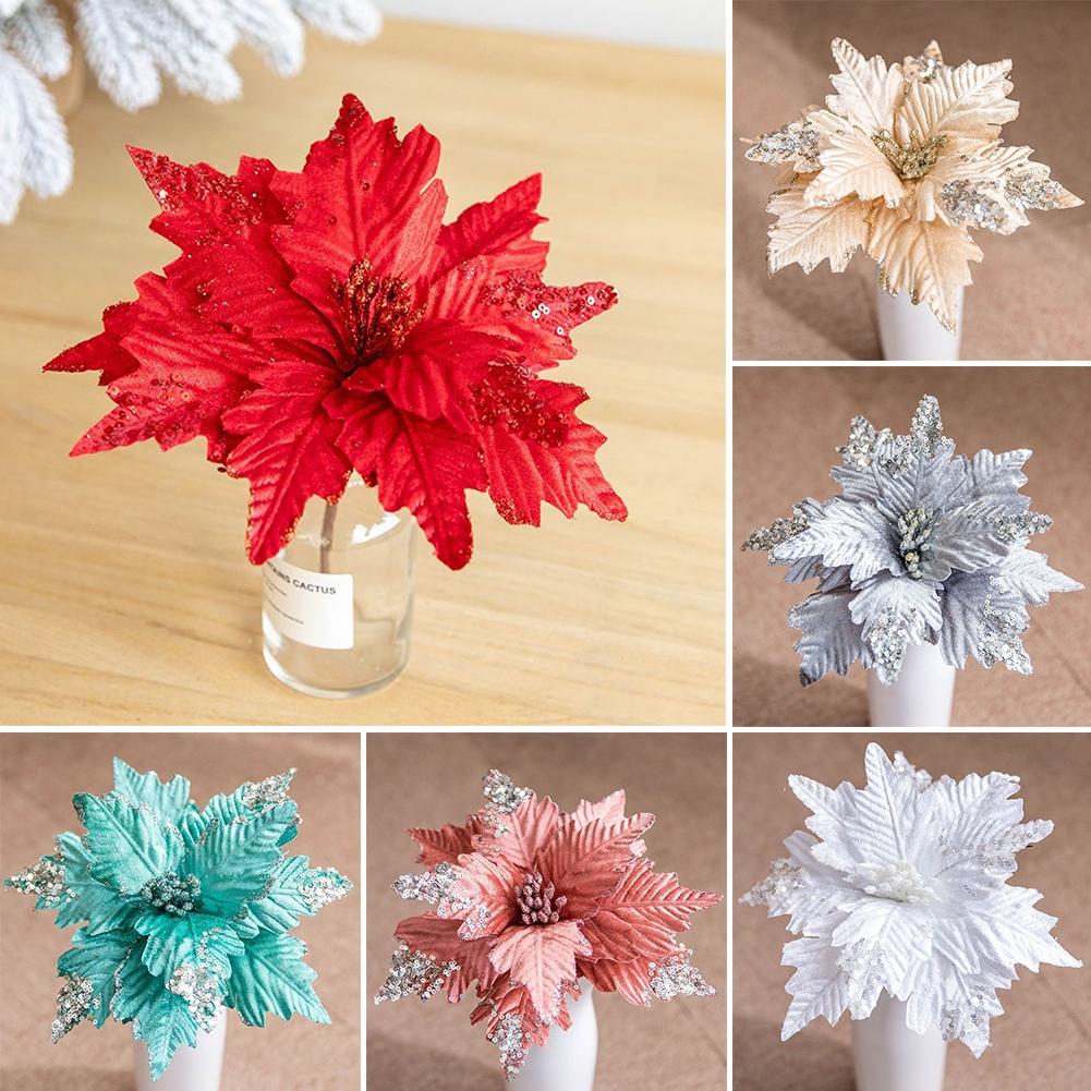 Beautifully Crafted Poinsettia Glitter Artificial Flowers for Christmas Tree