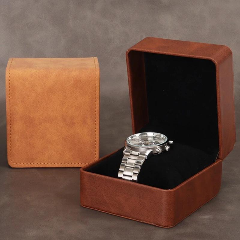 Black Single Watch Gift Box with Pillow PU Leather Wristwatch Display Case Organizer for Men Clamshell PU leather watch case