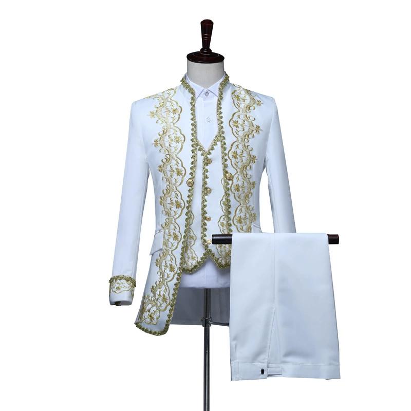 European Gold-encrusted Vintage Court Tuxedo Men's Stand-up Collar Embroidered Suit Three-piece Set Opera House Stage Costumes