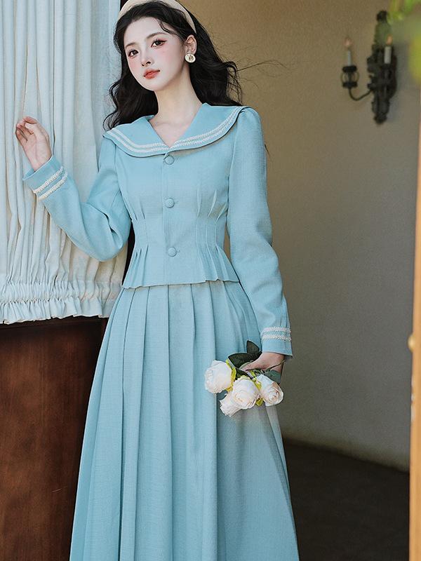 

Осенний комплект-двойка в стиле французского флота с завышенной талией для женщин Small