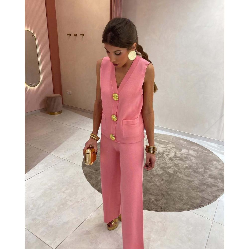 Gold Button V-neck Knitted Vest Casual Loose Trousers Knitted Two-piece Women's Suit