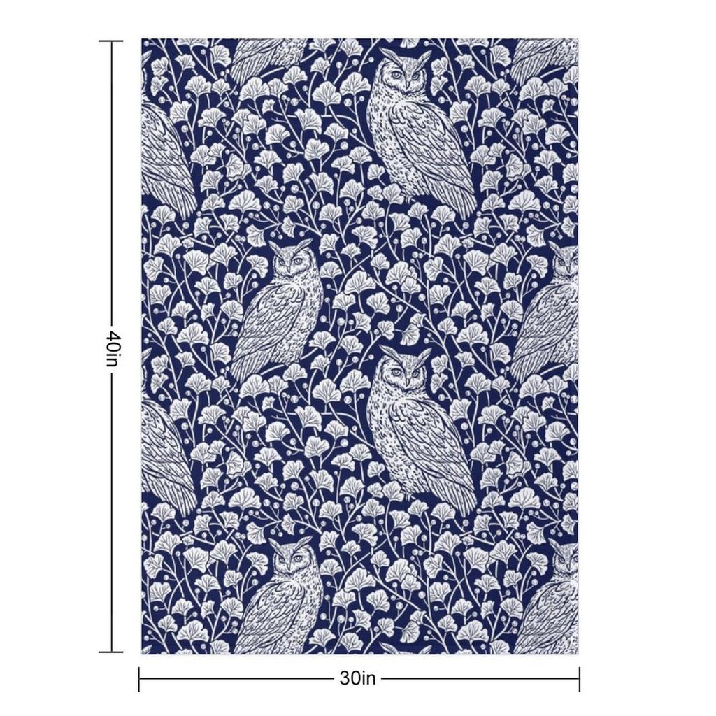 Winter Blue II - Owls and Gingko Leaves Throw Blanket Soft Plaid Shaggy Sofas Halloween Blankets