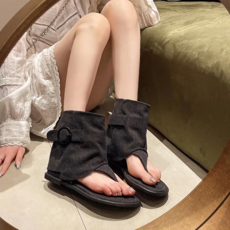 Fashion Retro Flip-toe Sandals Women 2025 Summer New French Loose Sleeve Flat Roman Shoes Fashion Short Bobbin Tube Cool Boots