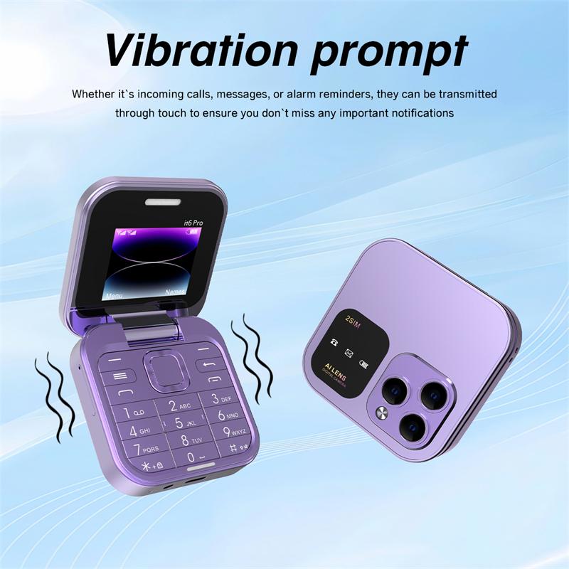 Ny i16 Pro Søt Flipblokk Mobiltelefon Doble SIM-kort 1,77" Skjerm Hurtigtaster Magisk Stemme Svarteliste Mini Boks Mobiltelefon 3,5 mm Jack