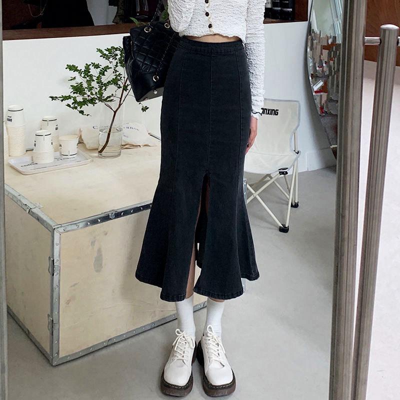 

Женская черная весенняя юбка-бюстье с высокой талией, эластичная, облегающая, с открытыми бедрами, универсальная, удобная, модная, джинсовая юбка-бюстье XL чёрный