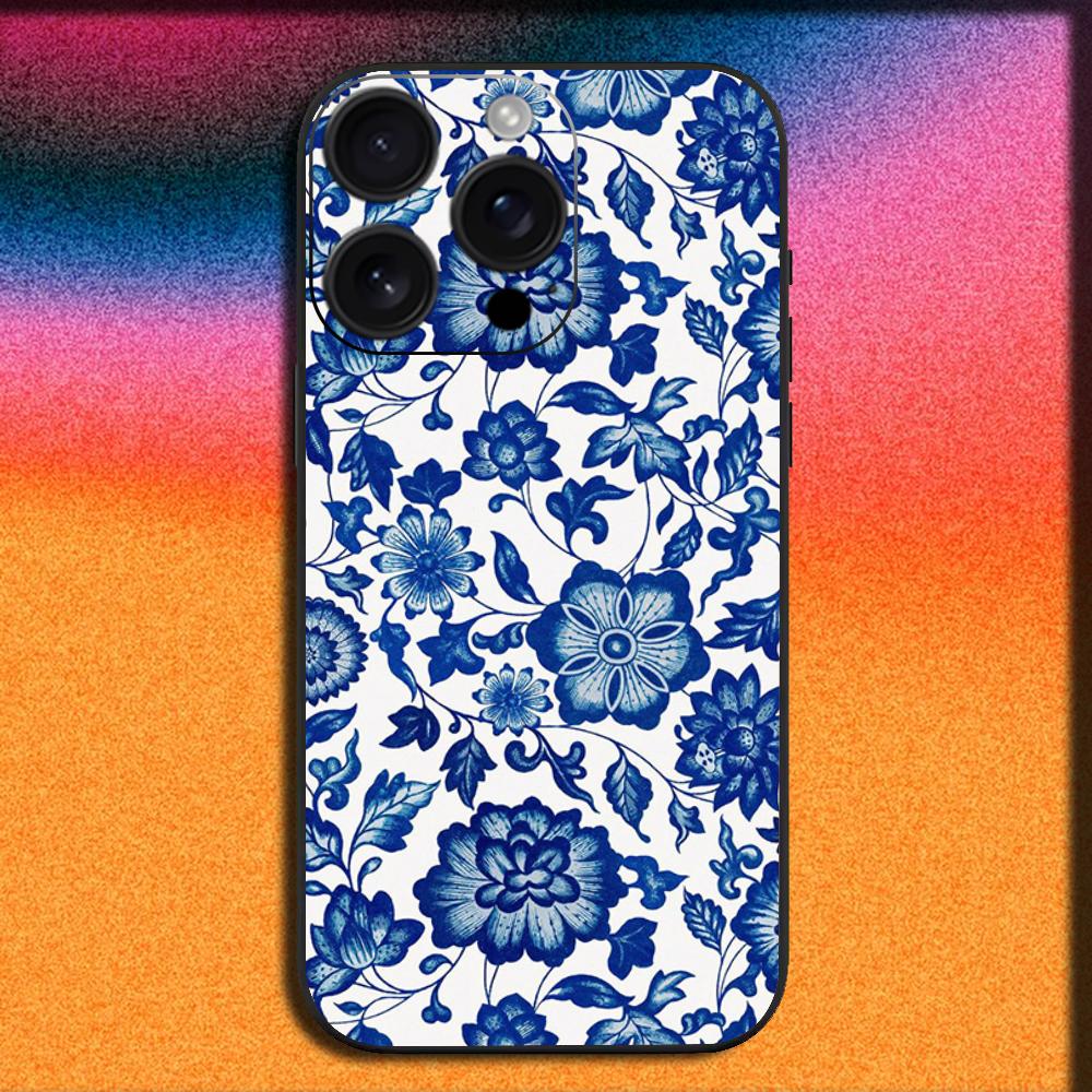 Blue and White Porcelain Phone Case For iPhone 16,15,14,13,12,11,Pro,XS,Max,XR,Plus,E,Mini Soft Black Cover
