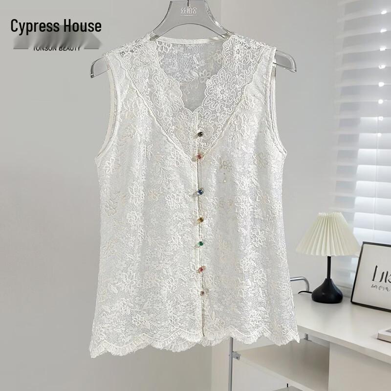 French Style Lace V-Neck Sleeveless Blouse M