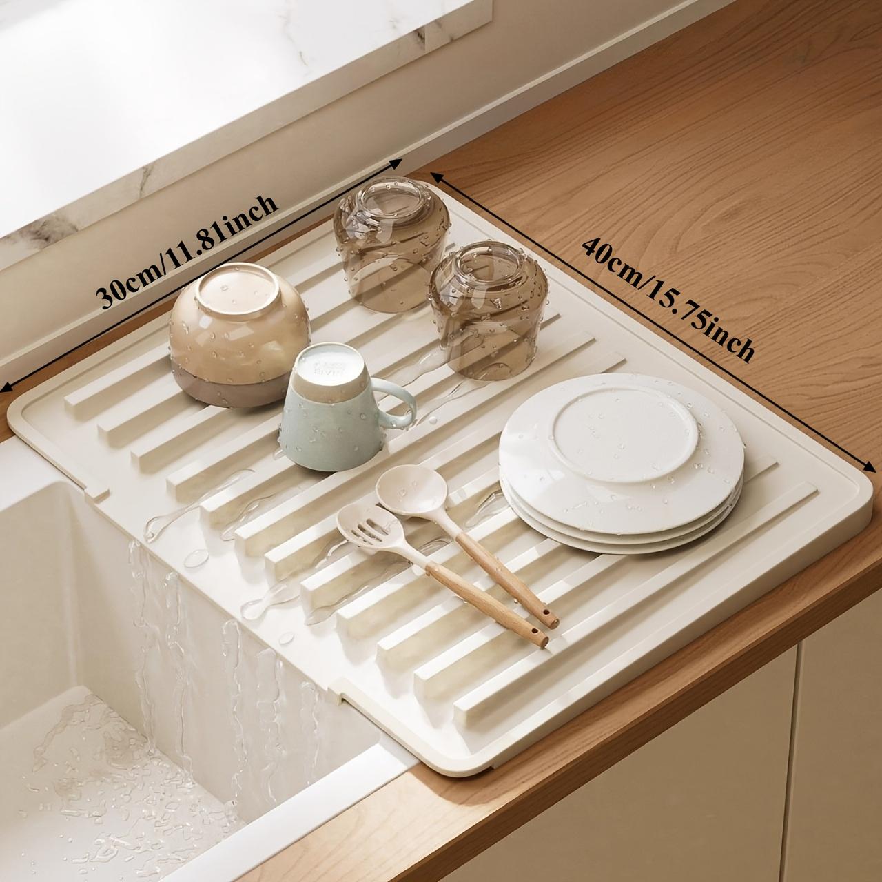 Thickened Silicone Kitchen Drain Mat, Non-Slip Heat-Resistant Waterproof Sink Countertop Draining Pad with Drainage Channels, Rollable Dish Drying Mat бежевый