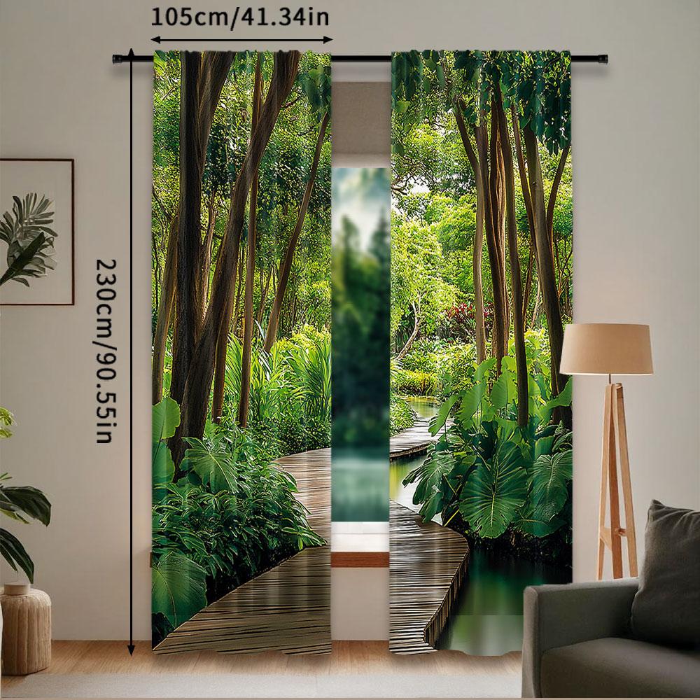 2Pcs Jungle Curtain Deep Forest With Wooden Pier And River Refreshing Exotic Nature Wild For Bedroom Living Room And Dining Room