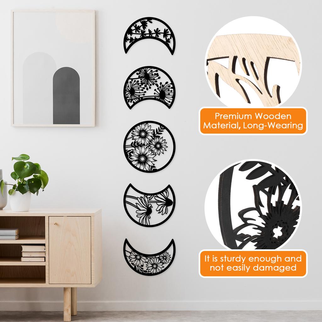5Pcs Moon Phase Wall Hanging Decor Art Above Bed 10.6" H Boho Moon Phase Wood Wall Pediment Ornament for Living Room Bedroom