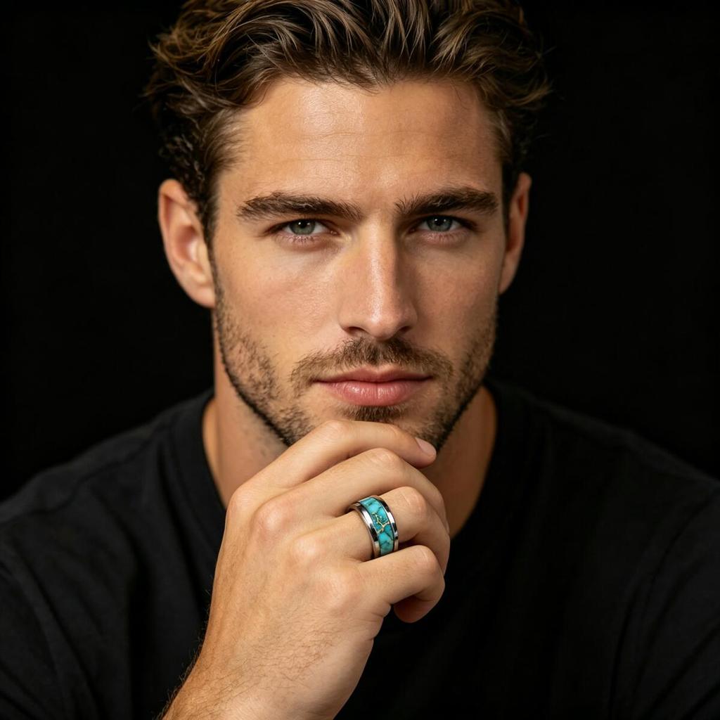 With Turquoise and Golden Marble Pattern Inlay Rings Luxury 8mm Stainless Steel Ring For Men Women For Wedding Band Jewelry Gift