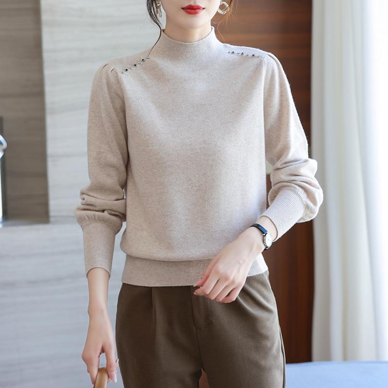 Women's Pure Wool Sweater with Half-High Collar & Lantern Sleeves - Warm, Fashionable Knitwear Pullover