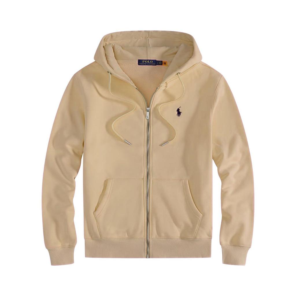 Men's Autumn/Winter Ralph Lauren Embroidered Logo Hooded Sweatshirt with Velvet Lining and Zipper.