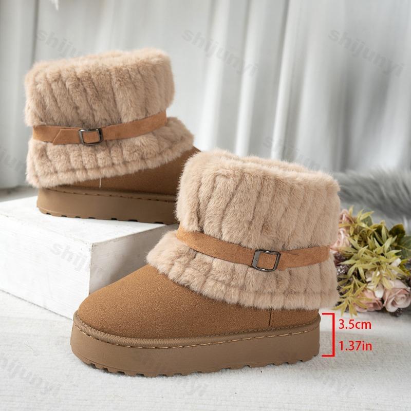 2026 Winter Women Snow Boots Plush Warm Anti Slip Comfortable Ankle Boots Fluffy Round Toe Platform Buckle Woman Cotton Boots