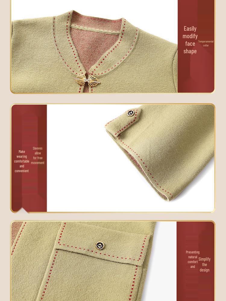 Conjunto de Punto de Dos Piezas de Lana Roja Hengyuanxiang para Mujeres de Mediana Edad y Mayores - Atuendo Feliz para el Día de la Suegra Otoño/Invierno.