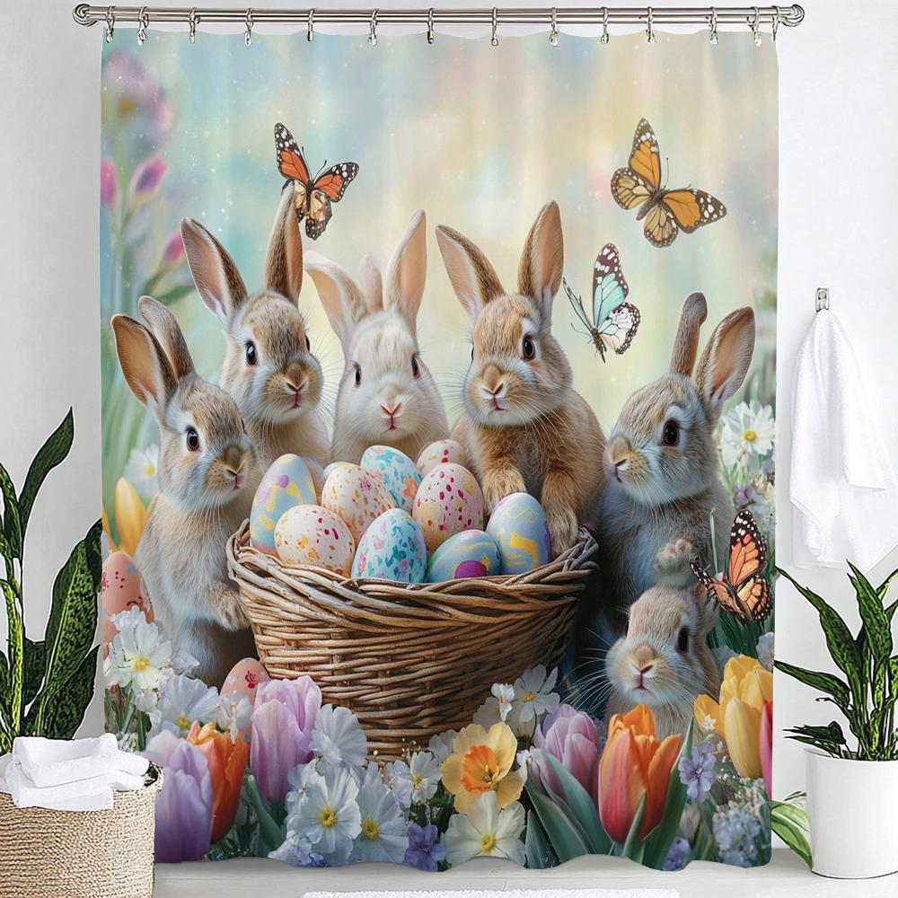 Happy Easter Shower Curtain,Egg and Rabbit Cartoon Printed Polyester Fabric Decorative Bathroom Curtain, Home Curtain with Hooks