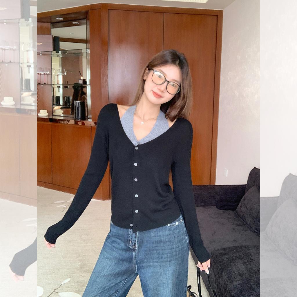 Contrasting color V-neck fake two-piece lace-up neck-hanging knitted primer cardigan women wear in early autumn with a slim-fit top inside