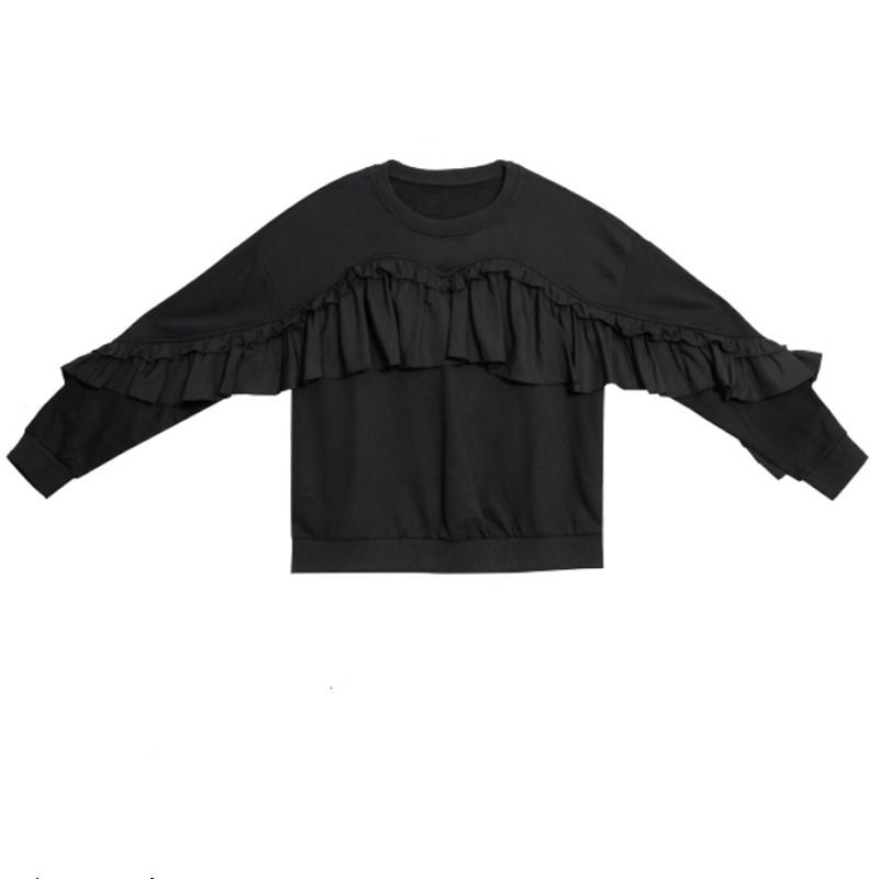 Top neri a maniche lunghe con balze, taglia oversized, da donna, casual, larghi, per primavera e autunno, felpa