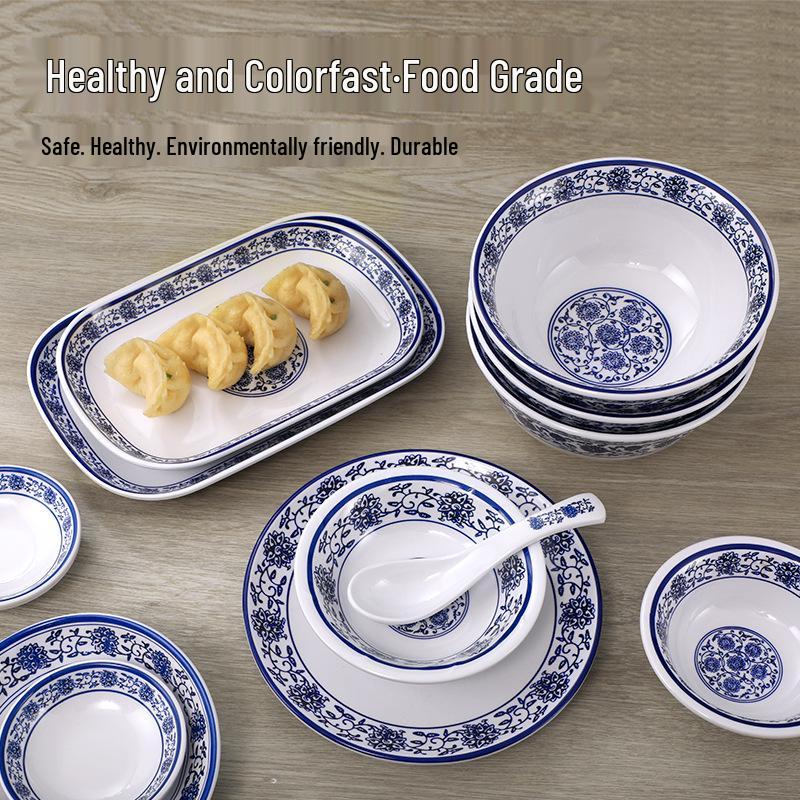 Retro Blue & White Melamine Dinnerware Set: Noodle & Soup Bowls, Plates for Restaurants & Noodle Shops