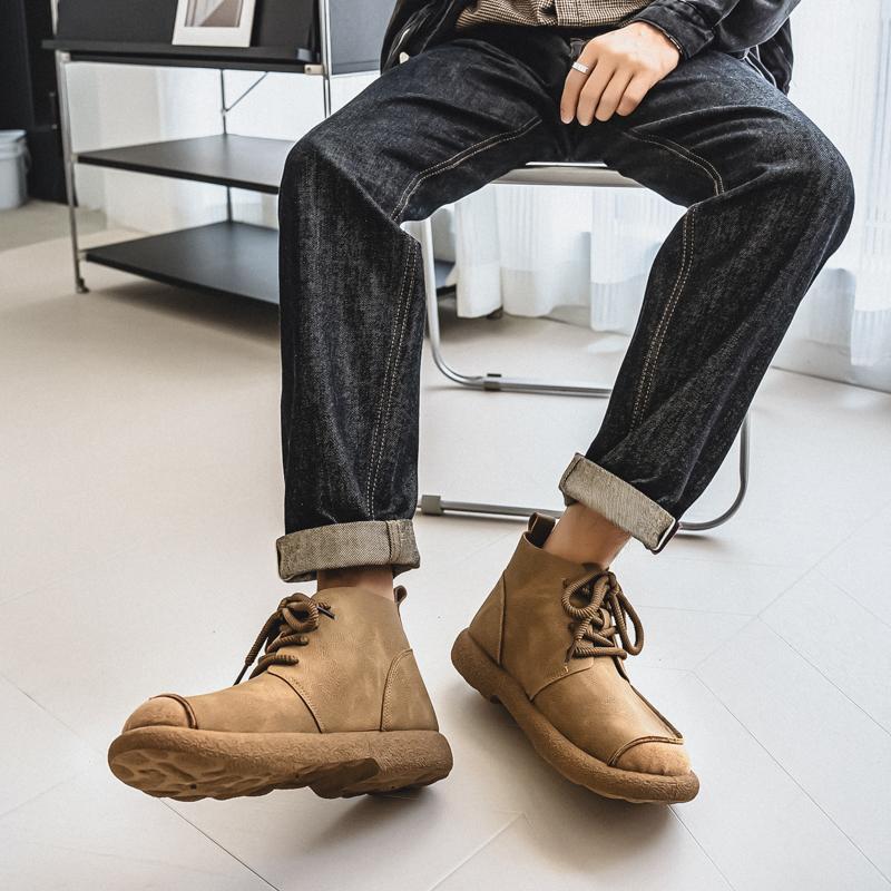 Ghete Retro Scurte pentru Bărbați Pantofi Modă Casual Pantofi de Condus Negru Maro Cap Lat Pantofi cu Top Înalt Mărimi Mari