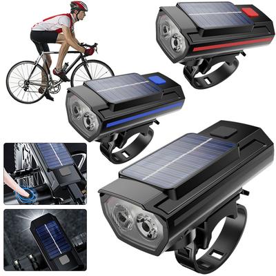 Solar Power LED Bicycle Light USB Charging MTB Road Bike Front Lamp 1200mAh Bike Handlebar Flashlight with Horn for Night Riding