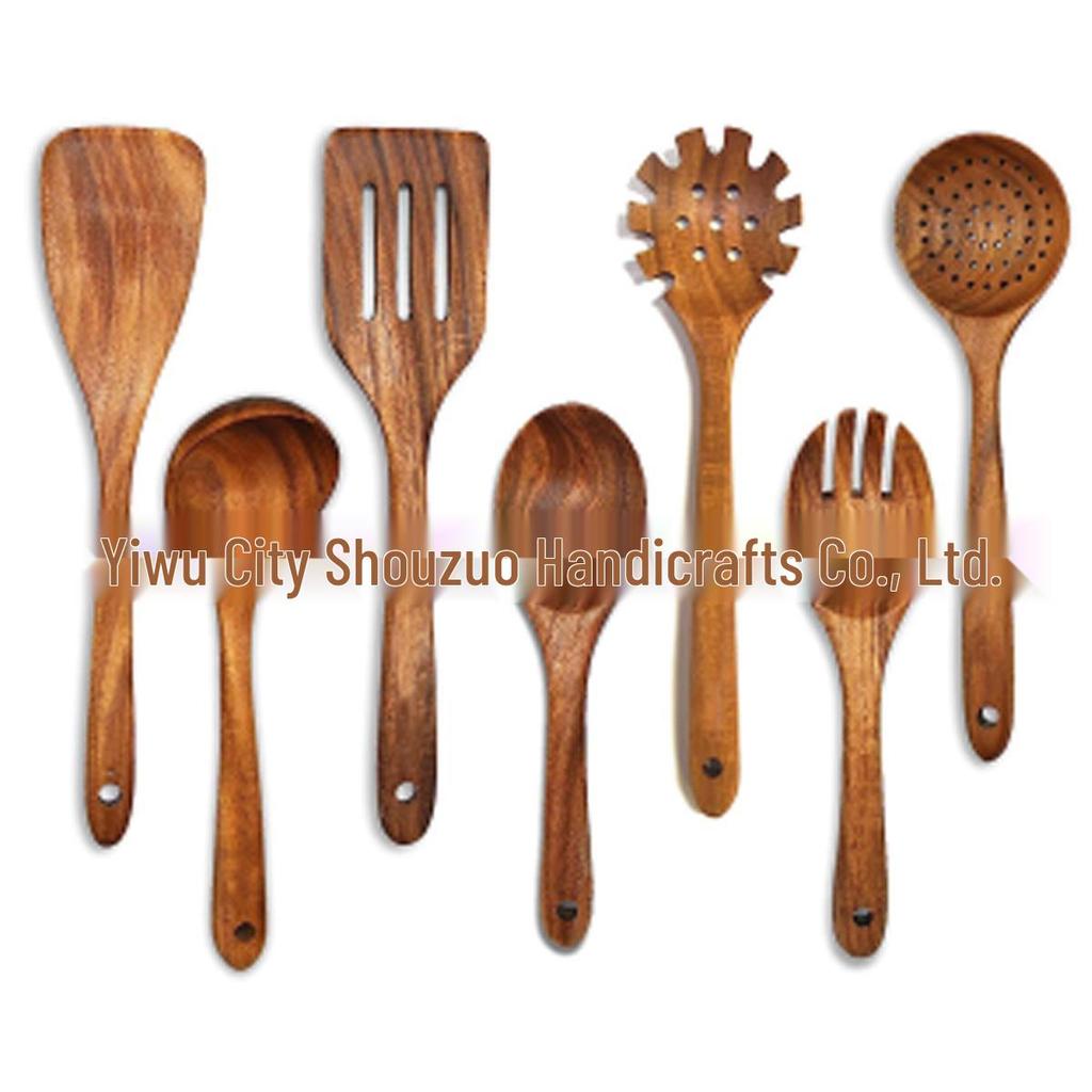 Teak 9-Piece Kitchen Set: Solid Wood Spatula, Spoon, Fork, Non-stick Pan, Acacia Wood Utensils, Long Handle Pot & Vegetable Spatula