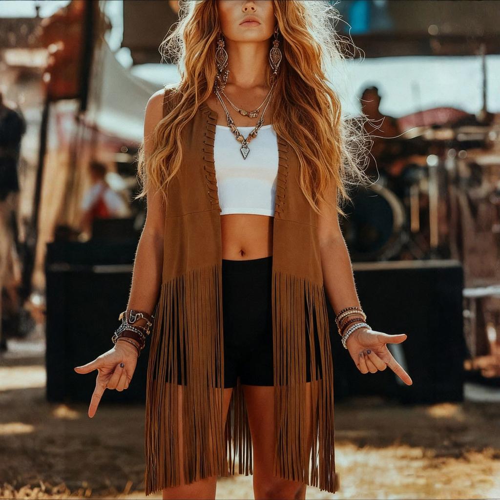 Fashionable Women's Shawl- Fringed Vest, Sleeveless Mid-length Vest.
