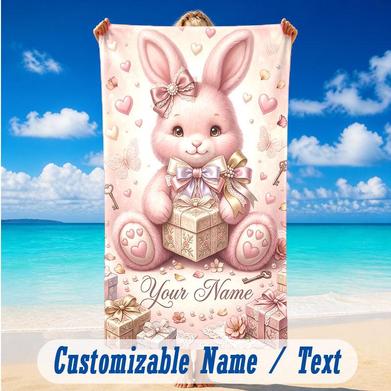 Easter Bunny Theme Beach Towel Personalized Custom Name & Text Soft Quick Dry Beach Towel for Swimming Travel