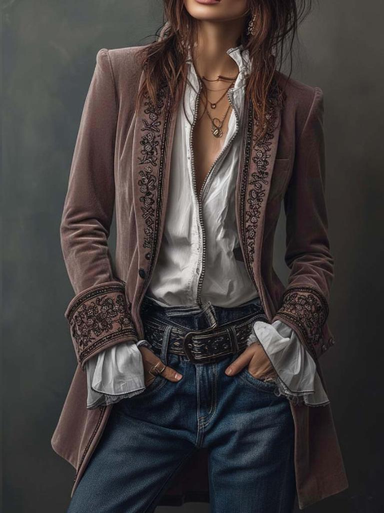 Women's Long Sleeve Solid Color Patchwork Lace Golden Velvet Coat