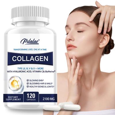 Pastillas de colágeno premium para mujeres - 120 cápsulas, 2100 mg de suplementos de colágeno de vacas alimentadas con pasto (Tipo I, II, III, V, X) + Vitamina C, Antienvejecimiento, Piel, Cabello