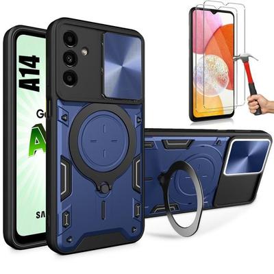 2 Tempered Glass + Case for Samsung Galaxy A14 4G-5G Navy Blue Anti-Scratch Reinforced Camera Cover Ring Holder
