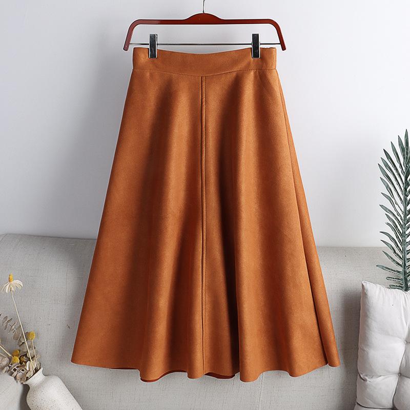 Pure Color Deer Skin Velvet Skirt Autumn and Winter Women's High Slender Elastic Mid-length A-line Skirt Female Skirt