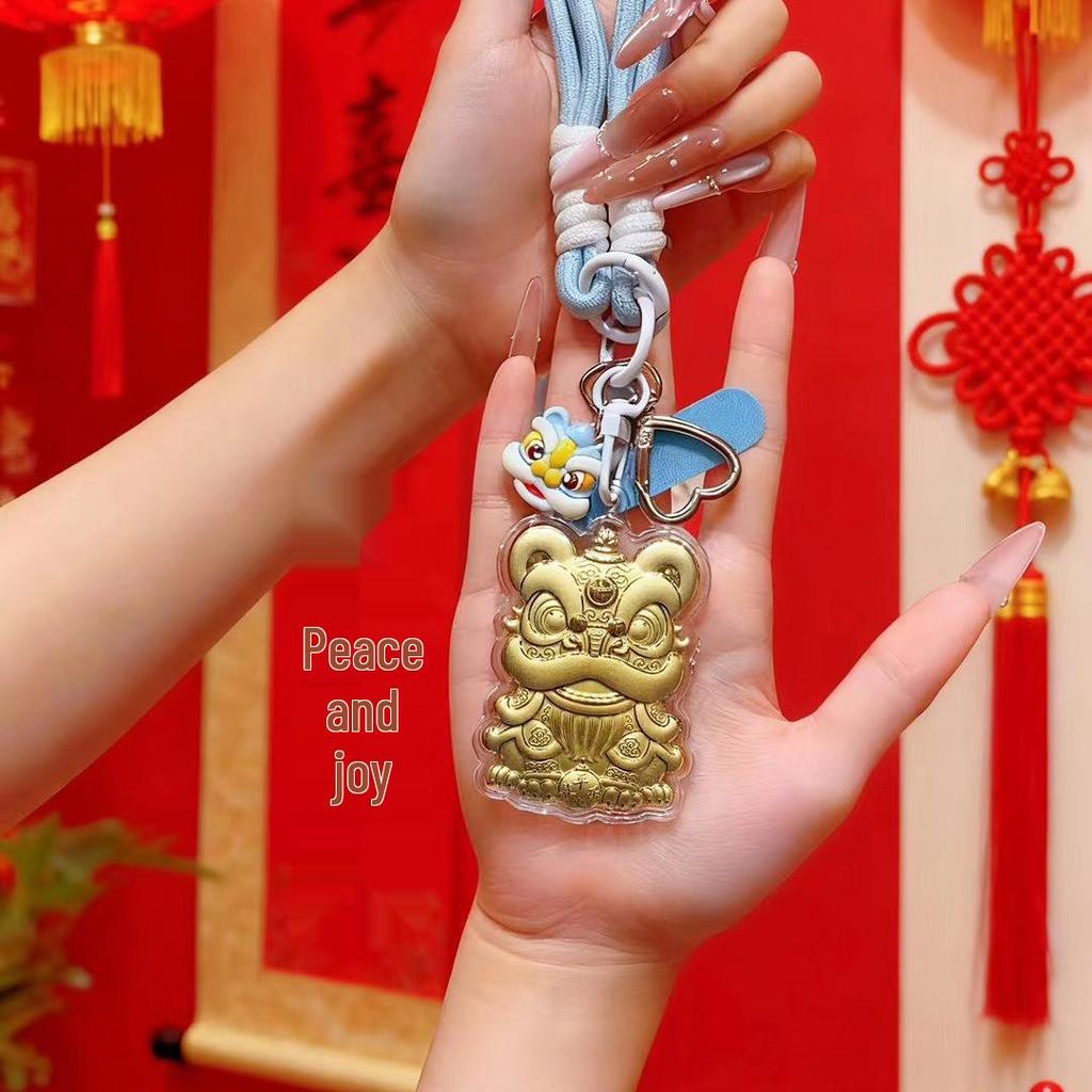 999 Pure Gold Lion Bag Pendant & Keychain with Bow Phone Chain