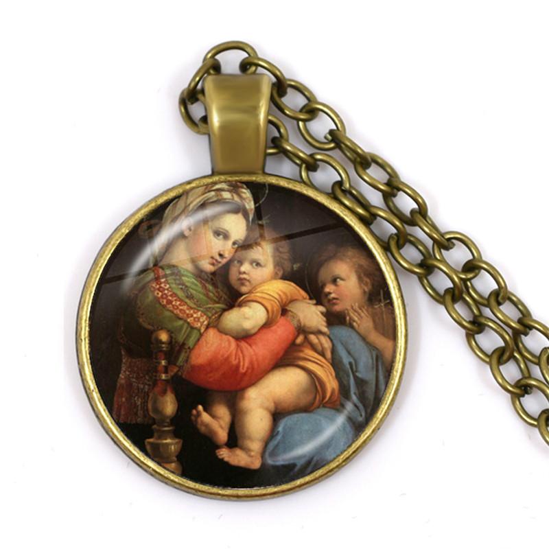 Virgin Mary and Baby Jesus Christian Catholicism Jewelry Necklace Blessed Mother Religious Art Glass Cabochon Dome Pendant Gift