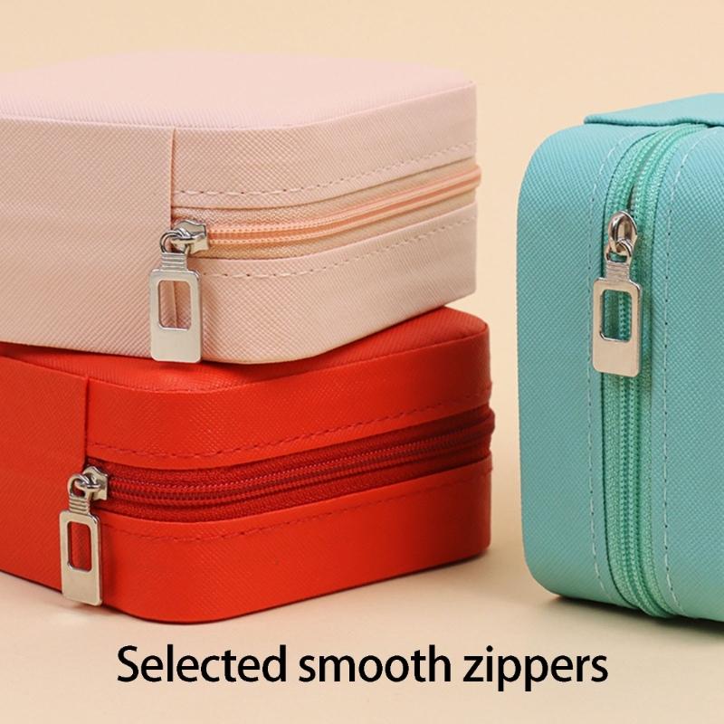 Jewelry Storage Box with Mirror, Compact Travel Case with Ring Rolls, Necklace Hooks and Zip-Around Closure Design
