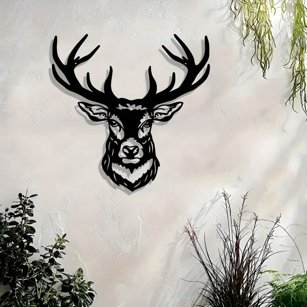 2D Flat Abstract Deer Metal Wall Art, Modern Black Silhouette with Rustic Wood Background for Home Decor