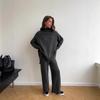 Russian turtleneck split-ended sweater knitted suit women's European and American loose casual wide-leg pants two-piece set