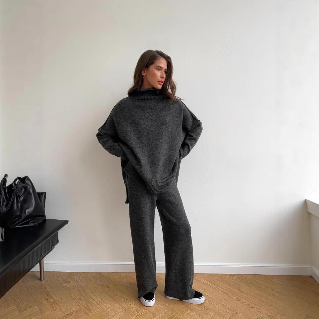 Russian turtleneck split-ended sweater knitted suit women's European and American loose casual wide-leg pants two-piece set